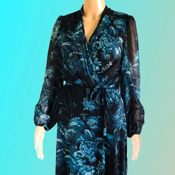 DONNA RICCO Flattering V-Neckline Wrap Bodice Semi-Sheer Belt Midi Dress Sz 6 - Picture 4 of 5